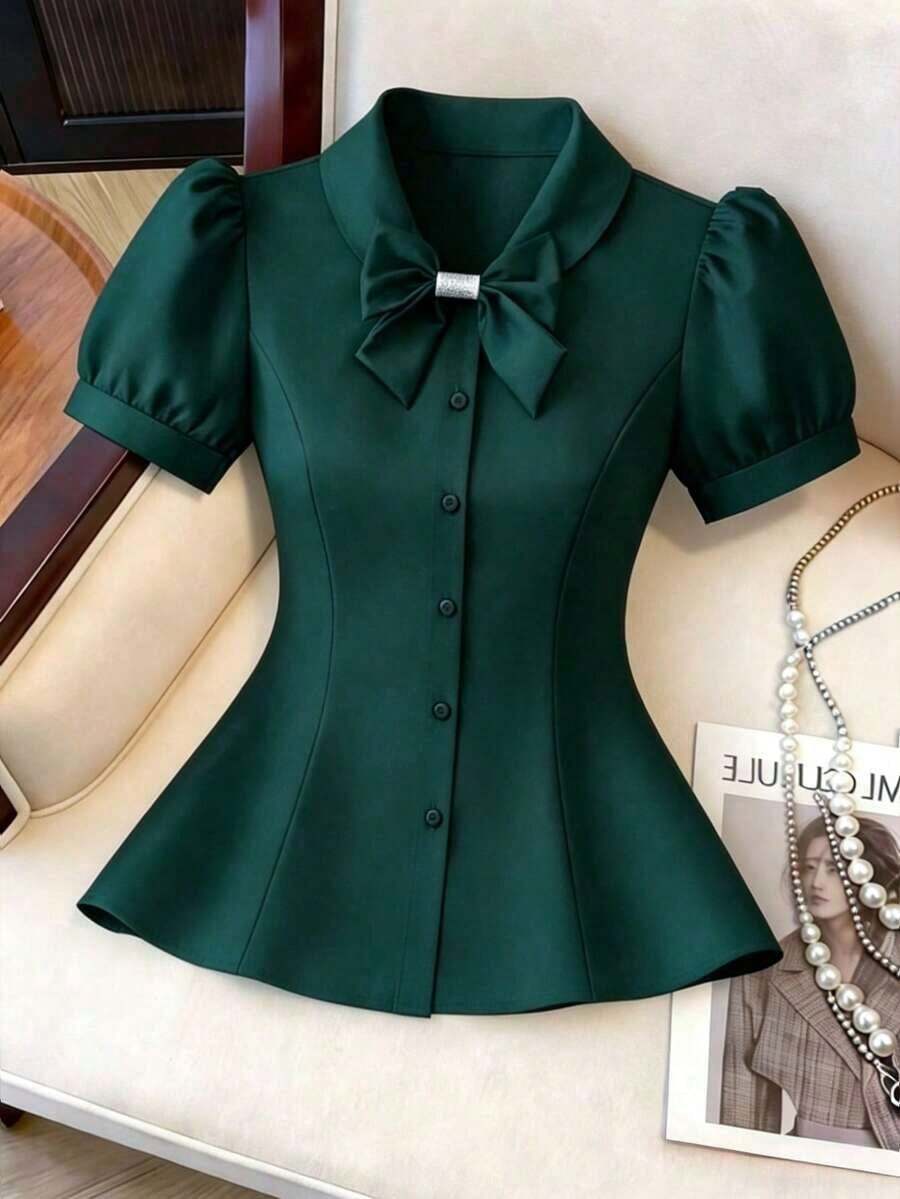 CURVE Blusa de manga de pétalo con lazo decorativo, casual/para el trabajo, talla grande de verano - Verde Oscuro - Ver 1