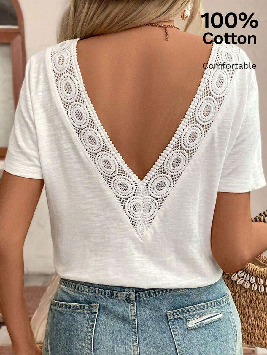 Frenchy Top amarillo con encaje y espalda descubierta, camiseta, imprescindible, conjunto de verano, imprescindible de la temporada de bodas, estilo francés - Blanco - Ver 1