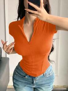 Camiseta deportiva de compresión con cierre de cremallera sólido para el verano - Naranja Quemada - Ver 7