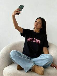 1pc Camisetas Para Mujer Camiseta 90s Baby estilo Y2K perfecta para amantes de la moda retro disponible en color negro con diseño llamativo que destaca en cualquier ocasión ideal para combinar con jeans o shorts y resaltar tu personalidad única en cada paso de la  actual Camiseta De Manga Corta De Algodón - Negro - Ver 6