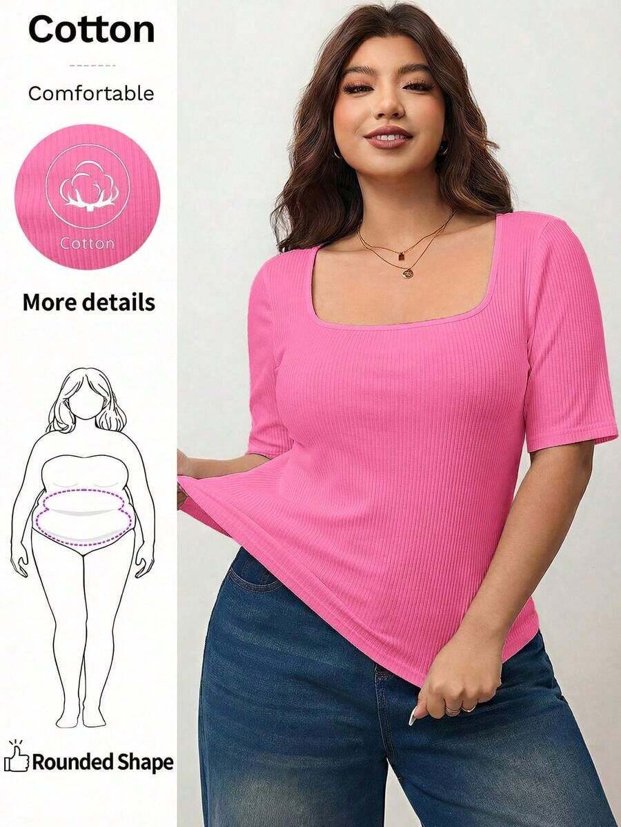 Camiseta de manga corta de cuello cuadrado de ajuste ceñido y elástica para mujer de talla grande, camiseta primavera y verano amigable con la piel, compatible con curvas redondeadas del Body, compatible con la forma del Body redondeada de Apple/20 - Rosa Fucsia - Ver 1