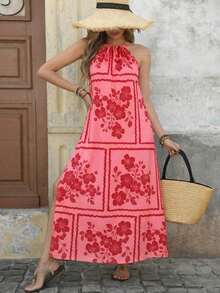 Vestido con estampado, corte con abertura alta, espalda descubierta, atar al cuello y flecos para mujer, vacaciones - Rojo - Ver 4