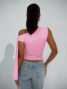 Elegante blusa de mujer con hombros asimétricos y cuello con lazo, adecuada para citas casuales, fiestas nocturnas, uso diario, otoño - Rosa Pálido - Ver 2