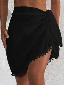 Pañuelo de playa para mujer con flecos y pompones, estilo bohemio, para cubrir y sarong - Negro 2 - Ver 6