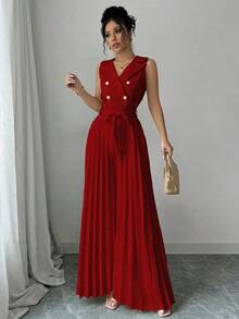 Mono elegante de mujer con diseño de doble botonadura y plisado en color albaricoque, para primavera y otoño - Rojo - Ver 4
