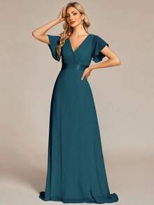 Vestido de dama de honor con cuello en V elegante, mangas con volantes y mariposa, color verde salvia, vestido de invitada de boda, vestido de primavera semi-formal para boda, fiesta de cumpleaños, graduación, Día de San Valentín - Azul - Ver 3