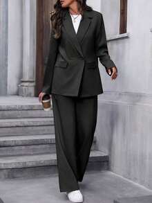 Conjunto de traje informal de mujer con solapa, manga larga y holgado - Negro - Ver 6