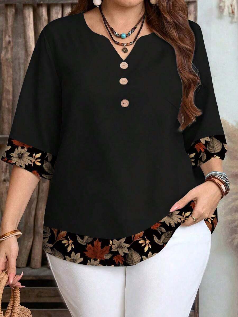 Camisa de mujer casual de cuello con muesca y manga 3/4 con estampado, para verano - Multicolor 4 - Ver 1