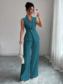 Conjunto de oficina elegante para mujer, compuesto por una chaqueta blazer sin mangas con cuello y bajo asimétrico, con hebilla metálica en la cintura, combinada con pantalones de cintura elástica.Conjunto de 2 piezas elegante para primavera/verano, atuendo formal y de clase para mujer. - Agua verde azul - Ver 7