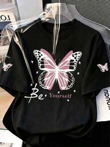 Butterfly Be Yourself Graphic T-Shirt, Y2K Aesthetic Print T-Shirt, Casual Short Sleeve T-Shirt With Inspirational Quote, Urban Fashion Top - 白色 - 查看 1