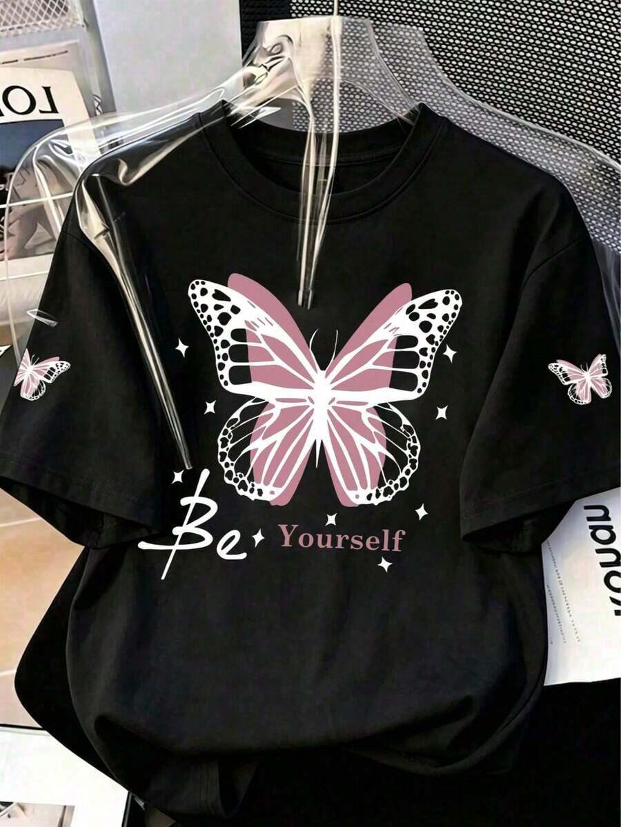Butterfly Be Yourself Graphic T-Shirt, Y2K Aesthetic Print T-Shirt, Casual Short Sleeve T-Shirt With Inspirational Quote, Urban Fashion Top - 白色 - 查看 1