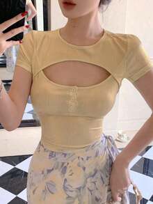 Camiseta de manga corta para mujer con abertura en la parte delantera, top sexy para salir, tops de verano, top corto para mujer - Champán - Ver 5