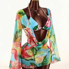 3pcs Women's Floral Cover-Up Swimsuit Set, Sexy Backless Deep Draped Neck Design, Suitable For Holiday Wear Beach Vacation Outfits For Women - Multicolor - Ver 2