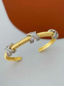 1 pieza/Set Brazalete de estilo diamante de color dorado, diseño de arte metálico, conjunto de pulsera y anillo cruzado de alta calidad con micro-incrustaciones, adecuado para el Día de la Madre, San Valentín, uso diario - Dorado - Ver 6