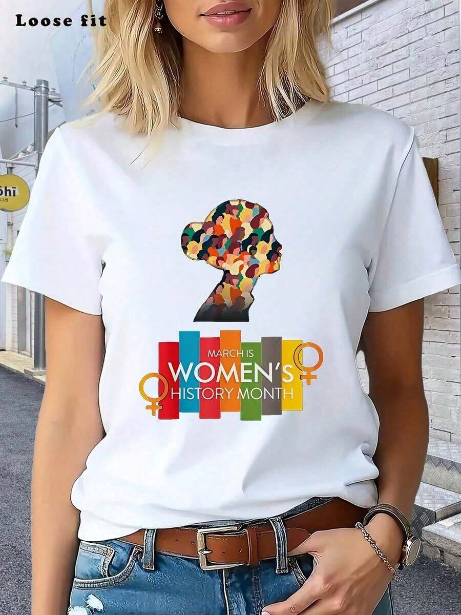 100% Cotton T-Shirt For Women's History Month | Multicolored Woman Silhouette With Diverse Faces And Books Design | March Is Women's History Month, An Opportunity To Celebrate Women's Achievements. | Casual Style, Cartoon Design - 白色 - 查看 1