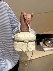 Bolso mini cuadrado con cadena de rombos negra, bolso versátil de maquillaje cruzado, bolso de mano para ir al trabajo con dije de corazón - Blanco - Ver 8