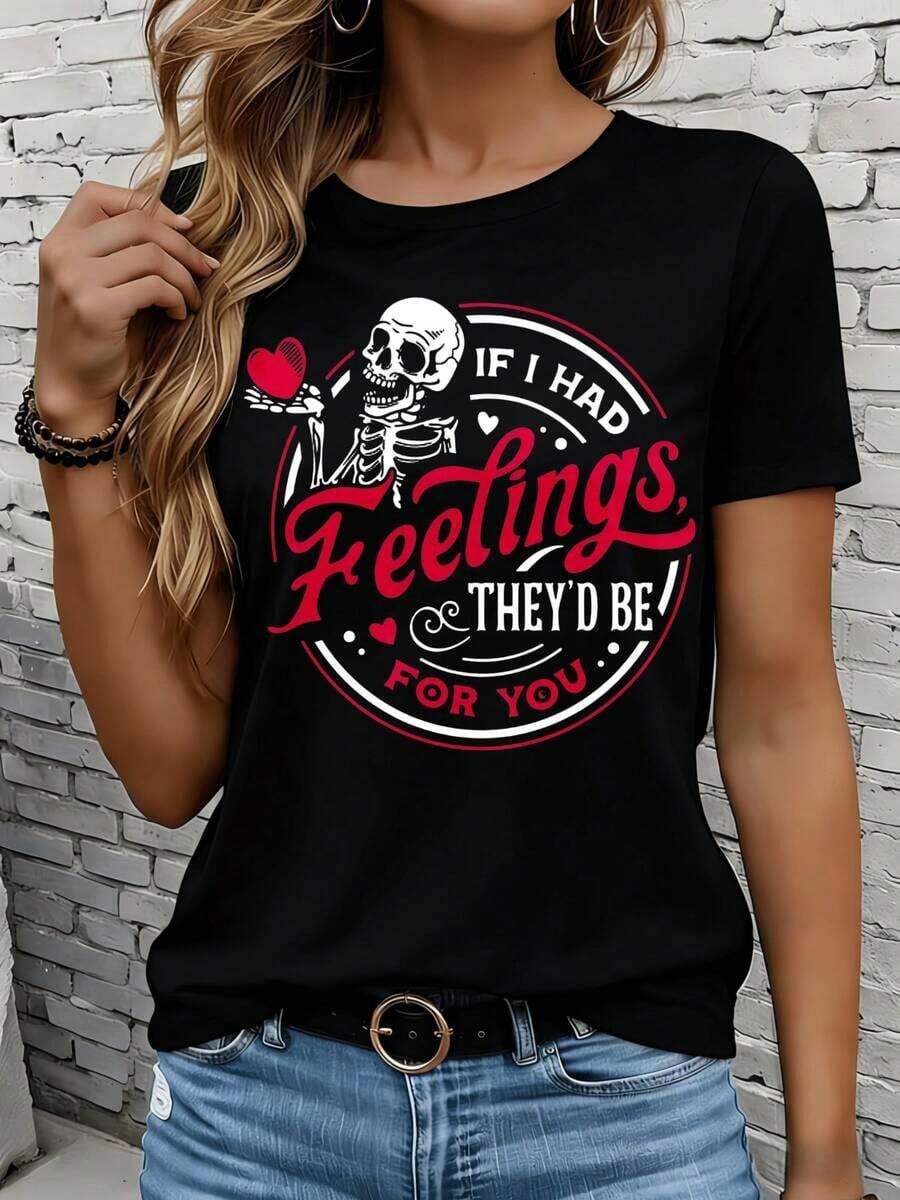 Women's Short-Sleeved T-Shirt For Leisure, Outdoor Activities, And Home, 220g. If I Had Feelings, They Would Be For You. Women's Skeletal Heart And Love Print T-Shirt, Casual Graphic Tee, Valentine's Day Gift, Gift For Leisure, Outdoor Activities, And Parties. - 黑色 - 查看 1
