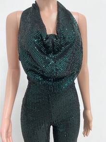 Monocromático dorado con lentejuelas, escote halter en V profundo, diseño de piernas anchas sin mangas, tejido brillante elástico ideal para fiestas nocturnas, eventos festivos y invierno, estilo sexy glamoroso perfecto para cenas elegantes y celebraciones - Verde Oscuro - Ver 3