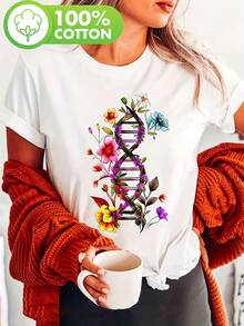 Camiseta vintage de una pieza para mujer, estampada y a la moda para todas las estaciones, con un diseño creativo que combina la doble hélice del ADN con flores coloridas, cuello redondo, mangas cortas, lavable a máquina, adecuada para uso diario, camiseta gráfica. - Blanco - Ver 7
