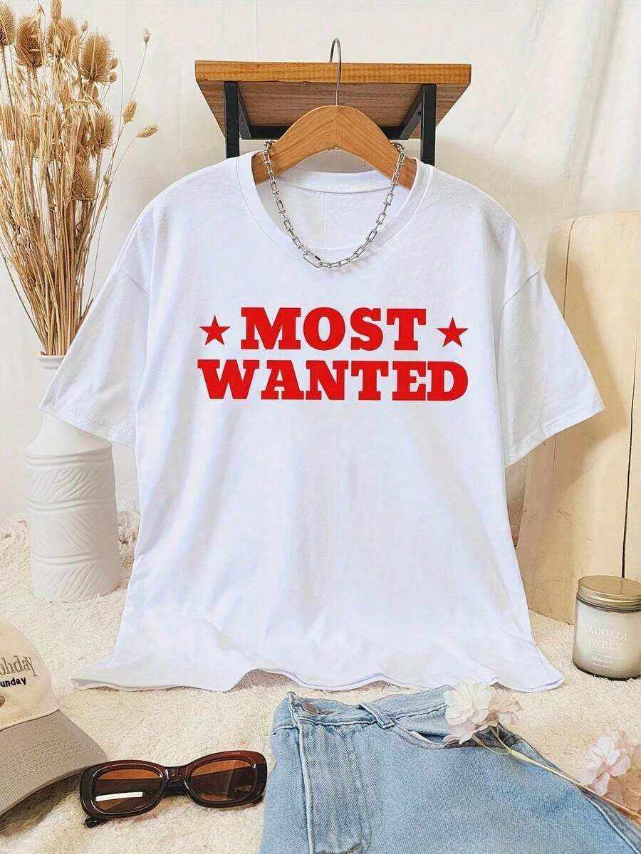 Camiseta de manga corta estilo retro y divertido para mujer, 100% algodón, corte holgado, con estampado "MOST WANTED", top casual transpirable, ropa personalizada para el día a día, con estampado de letras, camiseta de manga corta para mujer adulta para la playa en verano, hecha de tela transpirable, adecuada para la temporada de regreso a clases, para uso al aire libre, regalo ideal. - Blanco - Ver 1
