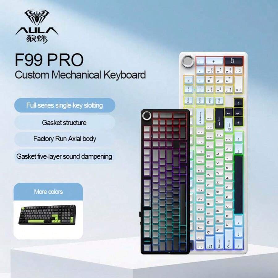 AULA F99Pro 机械键盘，三种连接模式（无线、蓝牙），密封结构，支持热插拔键帽，适用于游戏和办公，RGB 背光，配备 8000mAh 大容量电池 - 查看 1