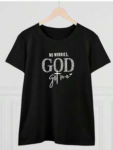 Women's "God Got Me" T-Shirt, Round Neck, Comfortable, Casual, Blended, Short Sleeve, Soft And Breathable, Women's Clothing, Summer And Spring T-Shirt, Urban Style. Women's Blouses > Clothing - 黑色 - 查看 3