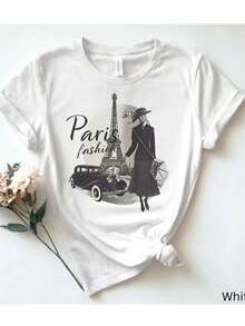 1 camiseta de algodón blanca para mujer: diseño con temática de ilustración de moda de París, 180g, 100% algodón - blanco - Ver 6