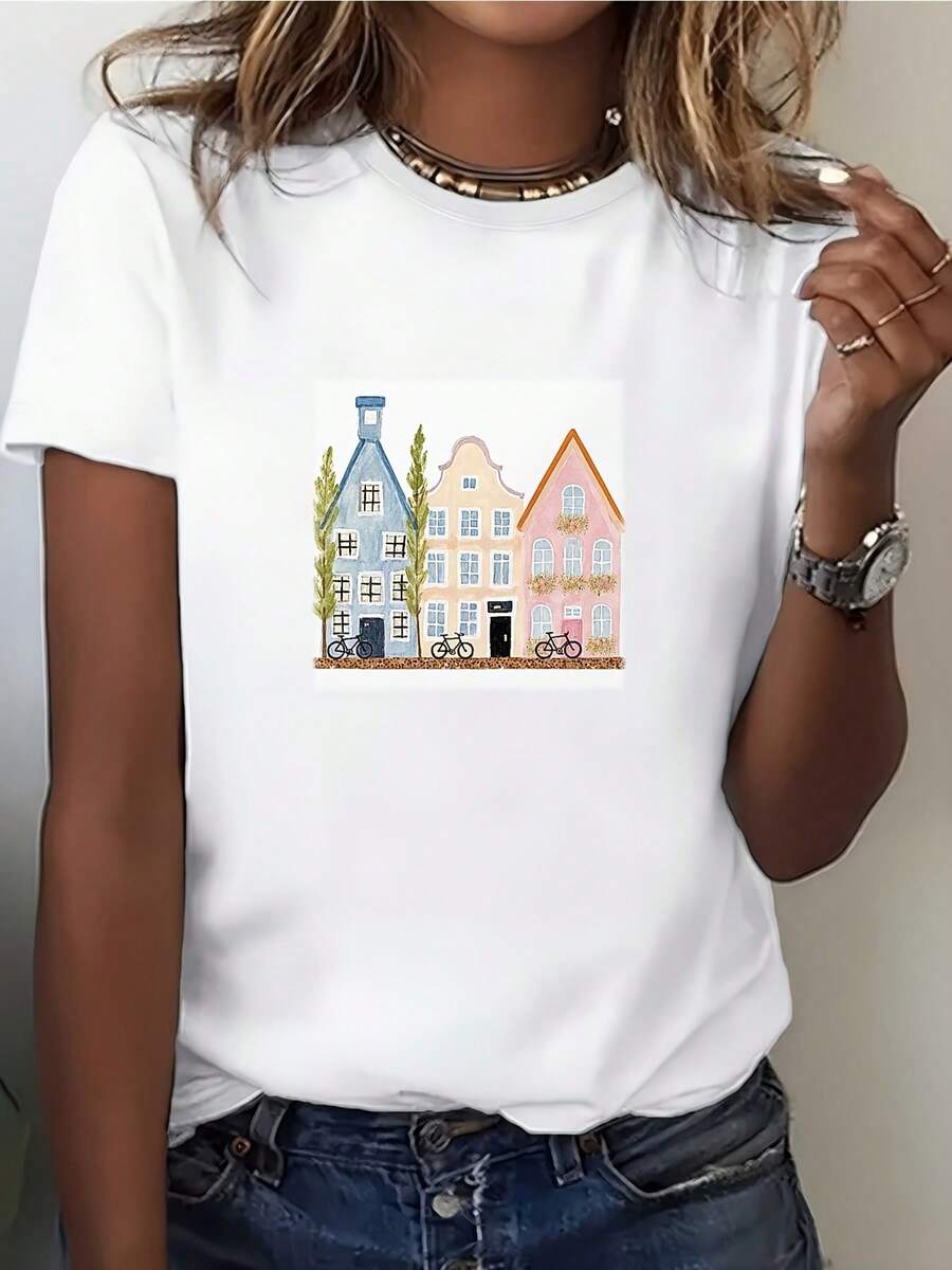 Camiseta suave para mujer 100% algodón - Bonito estampado de aldea europea, adecuada para salidas familiares, actividades de team building en la oficina y regalos navideños - Diseño cómodo y - Blanco - Ver 1