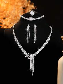 5pcs Micro-Inlaid Zirconia Geometric Exquisite Versatile High-End Necklace, Earrings, Bracelet And Ring Set, Suitable For Women's Daily Commute, Wedding, Party And Holiday Gifts - Luxury Necklace Set - View 9