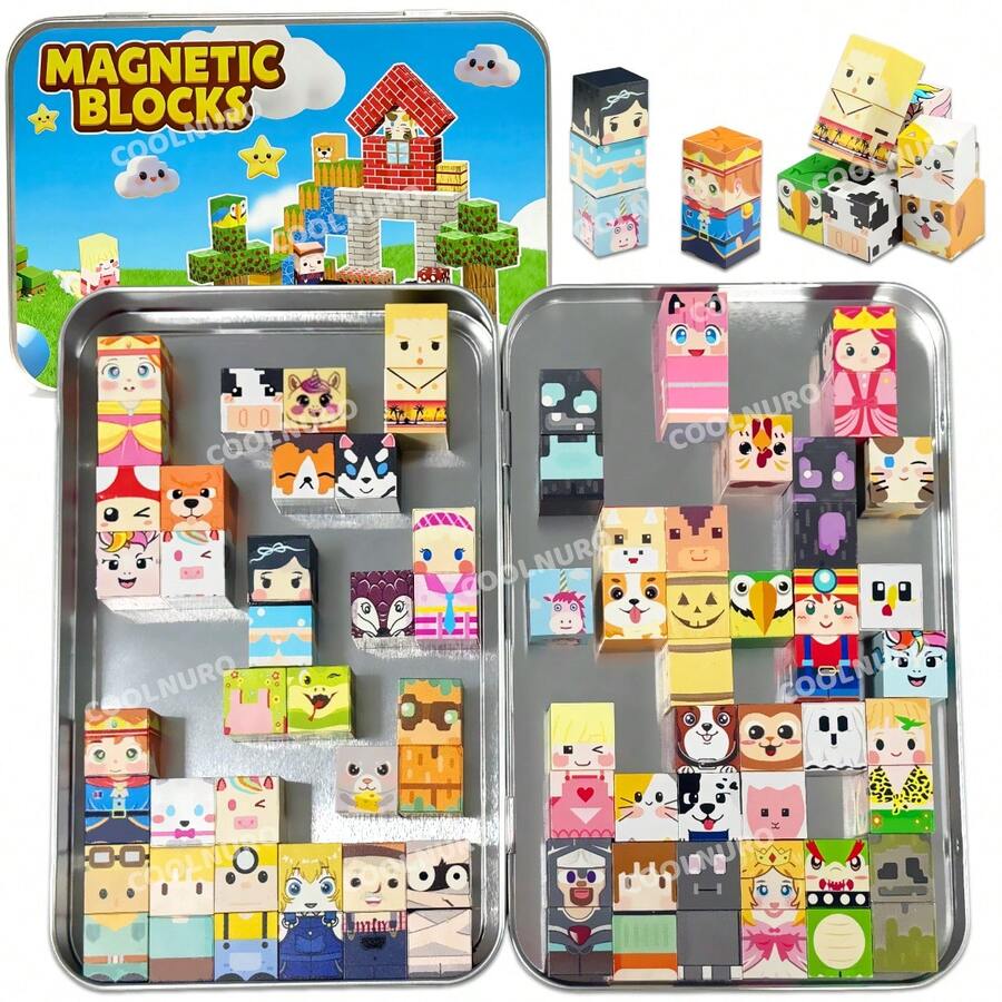 Characters And Animals Magnetic Building Blocks ,54/60pcs Magnetic Farm Theme Puzzle Cube Set With Box | 3D Jigsaw Toy, Learning Kit For Kids, Unleash Endless Imagination, Halloween Gift, Suitable For Boys And Girls, Mixed Colors ABS Material - Multicolor - View 1