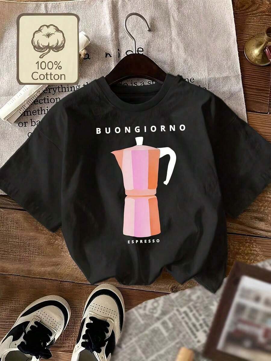 Women's Casual T-Shirt With Moka Pot Graphic And "Buon Giorno" In Italian, Women's Casual T-Shirt, 100% Cotton, Slightly Elastic, Round Neck, Lightweight, Breathable, Comfortable, Perfect For Daily And Outdoor Wear, Local Delivery. - 黑色 - 查看 1