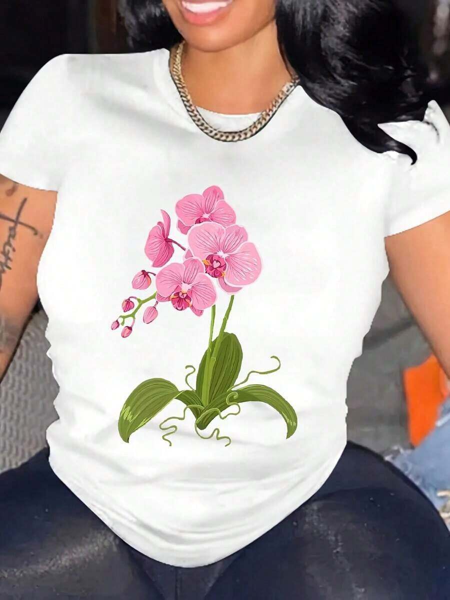 Camiseta Casual de Cuello Redondo para Mujer con Estampado Vibrante de Orquídeas - Manga Corta, Tela Suave y Microelástica, con Flores Rosadas, Perfecta para Primavera, Verano y Otoño, Camisetas para Mujer para Uso Diario - Blanco - Ver 1