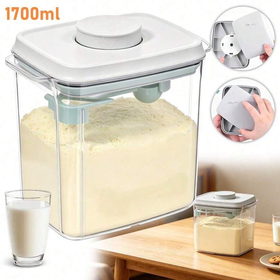 Dicht verschlossener, luftdichter 1700-ml-Aufbewahrungsbehälter (mit Löffel und Silikon-Dichtungsring) für Milchpulver – Stapelbare Aufbewahrungsbox, geeignet zur Aufbewahrung von Milchpulver, Mehl, Nüssen, Bohnen und Süßigkeiten; ideal für die heimische Küche und auf Reisen. - Weiss - Übersicht 1