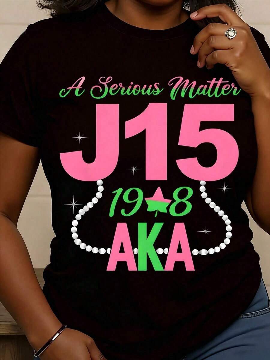 Women's Crew Neck T-Shirt, "A Serious Matter J15 198 AKA Pearl Necklace" Design, Ideal For Sorority Events And Celebrations, Gift For Alpha Members, Suitable For Summer And Autumn Celebrations, Perfect Gift For Patriots And Independence Day. - 黑色 - 查看 1