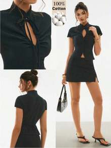 Women's Minimalist And Casual Short-Sleeved Plaid Shirt - Black - View 2