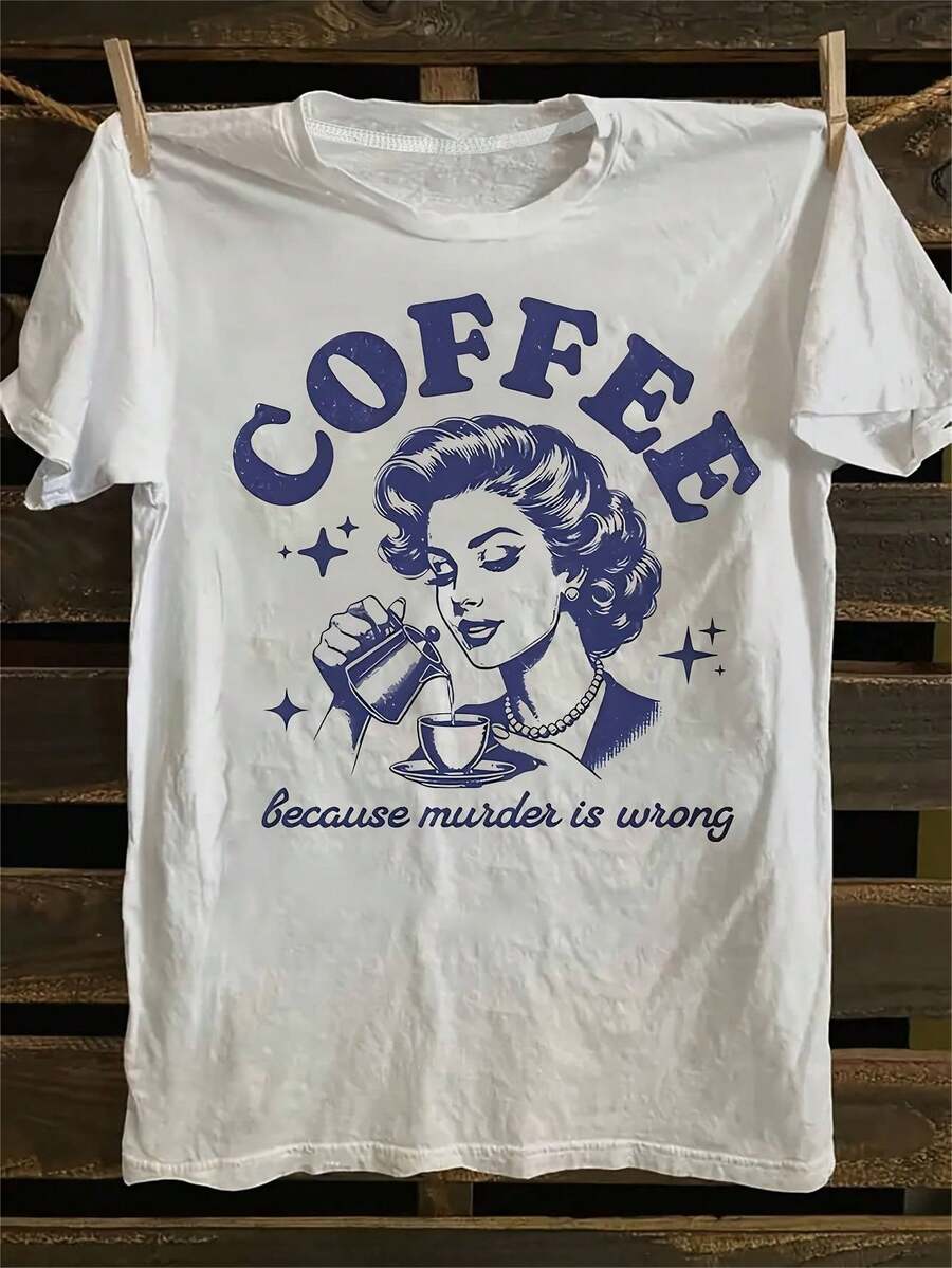 1 Women's Y2K Retro Coffee Theme T-Shirt - "COFFEE Because Is Wrong" Print, Casual Short Sleeve Crew Neck T-Shirt, Comfortable And Stylish For All Seasons, Perfect Gift For Women And Everyday Wear | Fun Design | Comfortable Fit - 白色 - 查看 1