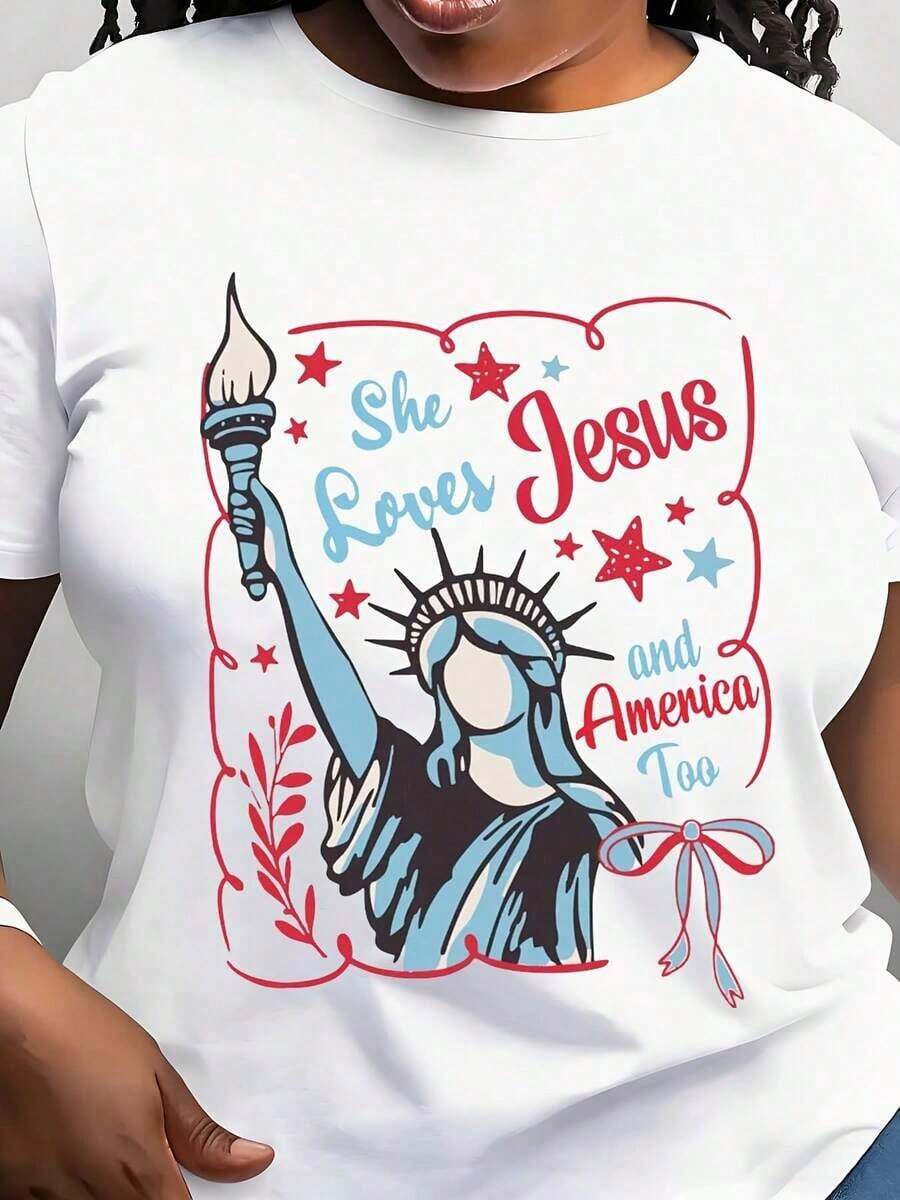 Women's Modern Minimalist T-Shirt "She Loves Jesus And America Too", Casual Short Sleeve T-Shirt For Everyday Outdoor Wear, Suitable For Any Occasion, Perfect As A Birthday Gift, Daily Wear In All Seasons - 白色 - 查看 1