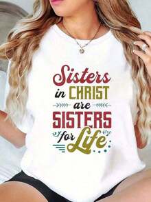 Modern Minimalist00_ Sisters In Christ Are Sisters For Life Women Christ T-Shirt Print Short Sleeve T-Shirt For Women Casual, Summer, Women Top Graphic Tees Women Topscasual Everyday - 白色 - 查看 1