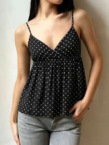 Women's Babydoll Tank Tops Stylish Dot Print Loose Hem V Neck Spaghetti Strap Camisoles - Negro - Ver 6