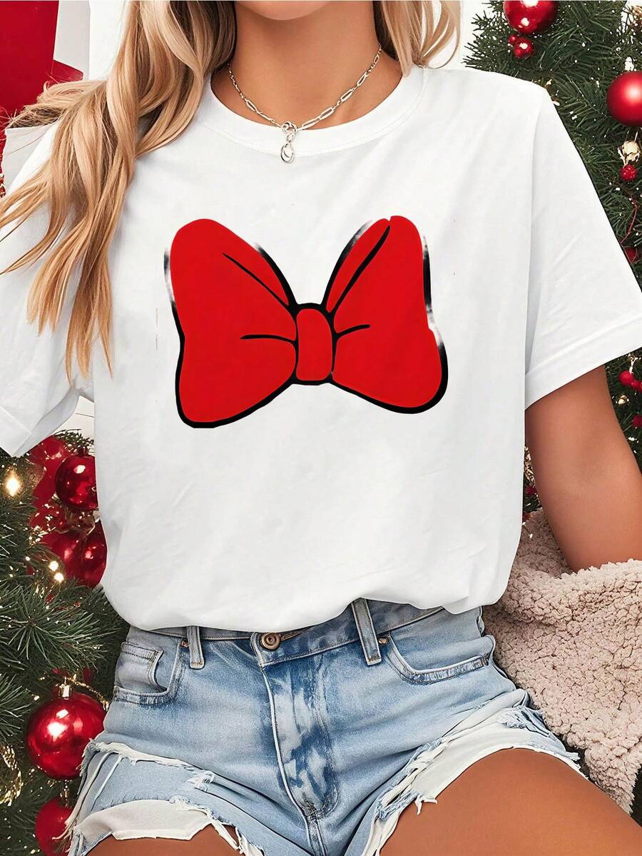 Women's T-Shirt With Red Bow - White Short Sleeve Round Neck Blouse, Christmas Party Theme Design, Suitable For Casual Daily Wear And Fan Outfits - Unique Style Machine Washable T-Shirt - 黑色 - 查看 1