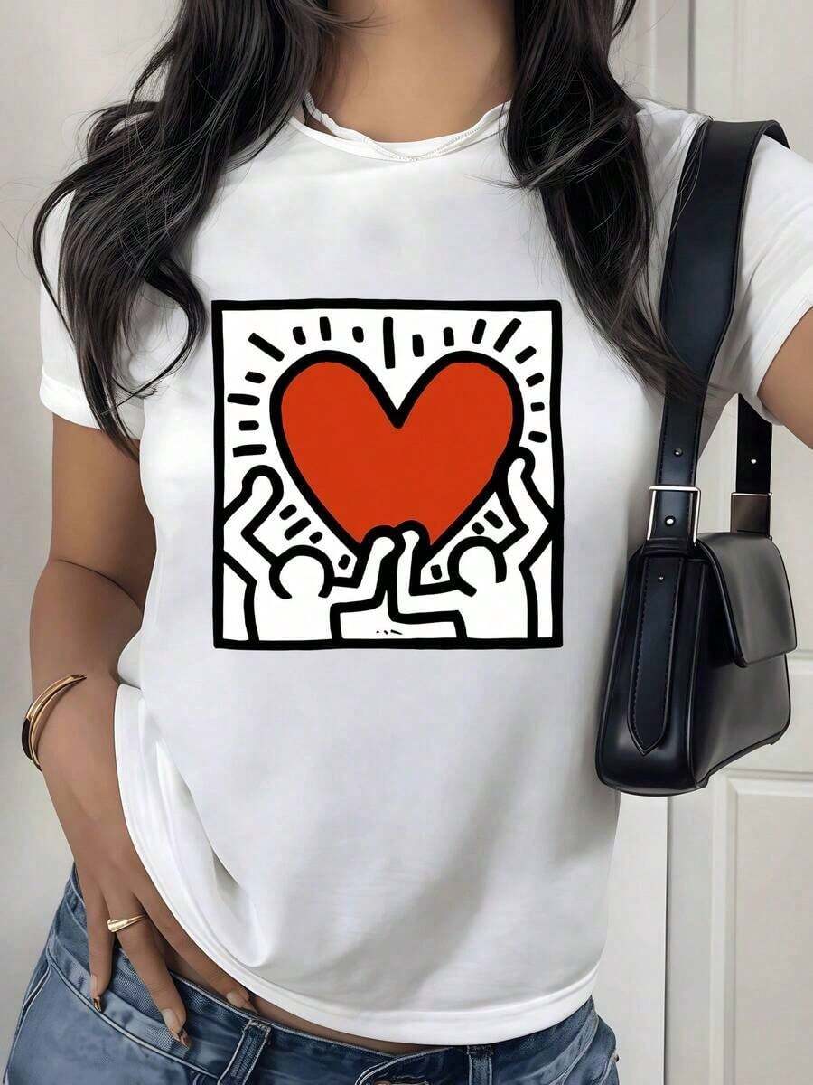 100% Cotton. Red Hearts Held By Figures Symbolizing Unity, Hope, And Positive Energy In Every Stroke. Women's T-Shirt, 100% Soft Cotton, Casual, Modern. Women's Simple Solid Color T-Shirt, Loose And Slim Fit, Casual Short Sleeve - 白色的 - 查看 1