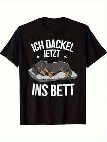 Camiseta de Hombre con Gráfico Divertido de Dachshund - Frase Alemana "Ich Dackel Ins Bestt", Perro Durmiendo, con Estampado Blanco, Tejido Suave y Transpirable, Manga Corta, Cuello Redondo, Diseño Humorístico para Uso Casual - Negro - Ver 8