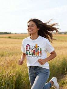 Women's Blouses: Women's Round Neck T-Shirt With Floral Print Of Faith And Inspirational Quotes, Short Sleeve, Casual Summer Clothing For Daily Wear And Religious Events, Y2keurmuse Style - 白色的 - 查看 5