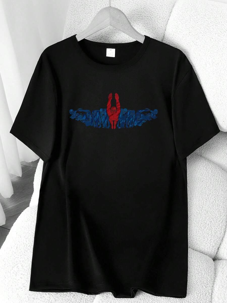 Swimming Elements Team Print T-Shirt. Available In 6 Colors, Short Sleeves, Round Neck, High Elasticity, Casual Sports Top. Machine Washable. Suitable For Spring And Summer. Can Be Worn In All Seasons. Women's Clothing. Elegant Party Outfit, Stylish Ladies' T-Shirt, Blouses Suitable For Curvy Women, Casual Wear, Cool And Sweat-Free Summer Clothing, Fun Letter Print. - 黑色 - 查看 1