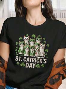 1 Piece Women's T-Shirt ST CATRICK S DAY, Casual, With Embroidered Effect, High Quality Cotton, Soft And Comfortable Fabric, Perfect For Outdoor Activities, Home, Gym, Gift Idea, Best Choice For Holidays, 180g 100% Cotton. - 黑色 - 查看 1