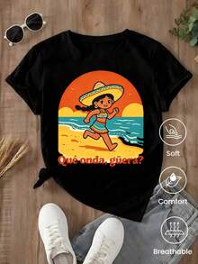 Short-Sleeved T-Shirt For Spring/Summer 2026, Made In Mexico, 180 Grams. Cartoon Print, Couple Design, Suitable For Indoor Or Outdoor Wear. Crew Neck, Unisex, Ideal For Office And Leisure. One-Pack. - 黑色 - 查看 8