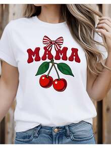 Women's T-Shirt, White Short-Sleeve T-Shirt With Cherry Blossom Print, Round Neck, Soft And Slightly Stretchy Casual Design, Cool And Breathable, Fashionable Style With Dazzling Personality, Suitable For Casual Daily Wear, Comfortable And Relaxed. Women's Tops - 白色 - 查看 1