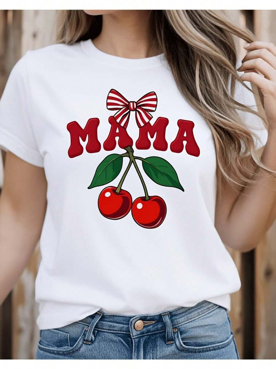 Women's T-Shirt, White Short-Sleeve T-Shirt With Cherry Blossom Print, Round Neck, Soft And Slightly Stretchy Casual Design, Cool And Breathable, Fashionable Style With Dazzling Personality, Suitable For Casual Daily Wear, Comfortable And Relaxed. Women's Tops - 白色 - 查看 1
