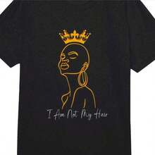 Casual Round Neck Short Sleeve T - Shirt Black, With Stylish Crown - Lined Head Portrait + I Am My Hero  
 Women's Plus Size Graphic Tees, Summer Outfits For Women,Vacation Outfits Women,Summer Clothes,Spring Outfits For Women, Summer Tops, Festival Outfits, Suitable For Daily Casual Wear, Home Workouts, Outdoor Activities, Beach Vacations, A Great Gift For Birthdays, Holidays, Mother'S Day - Black - View 6