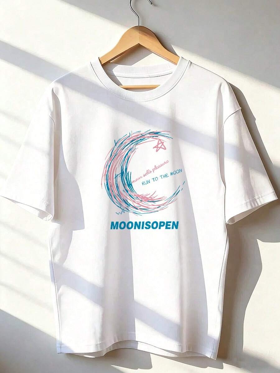 Pink And Blue Moon Print T-Shirt, Fashionable Short-Sleeved T-Shirt For Spring/Summer 2026, Made In Mexico, 180 Grams. Cartoon Print, Couple Design, Suitable For Indoor Or Outdoor Wear. Crew Neck, Unisex, Ideal For Office And Leisure. One-Pack. - WH-P631577SLNDXZGY580 - 查看 1